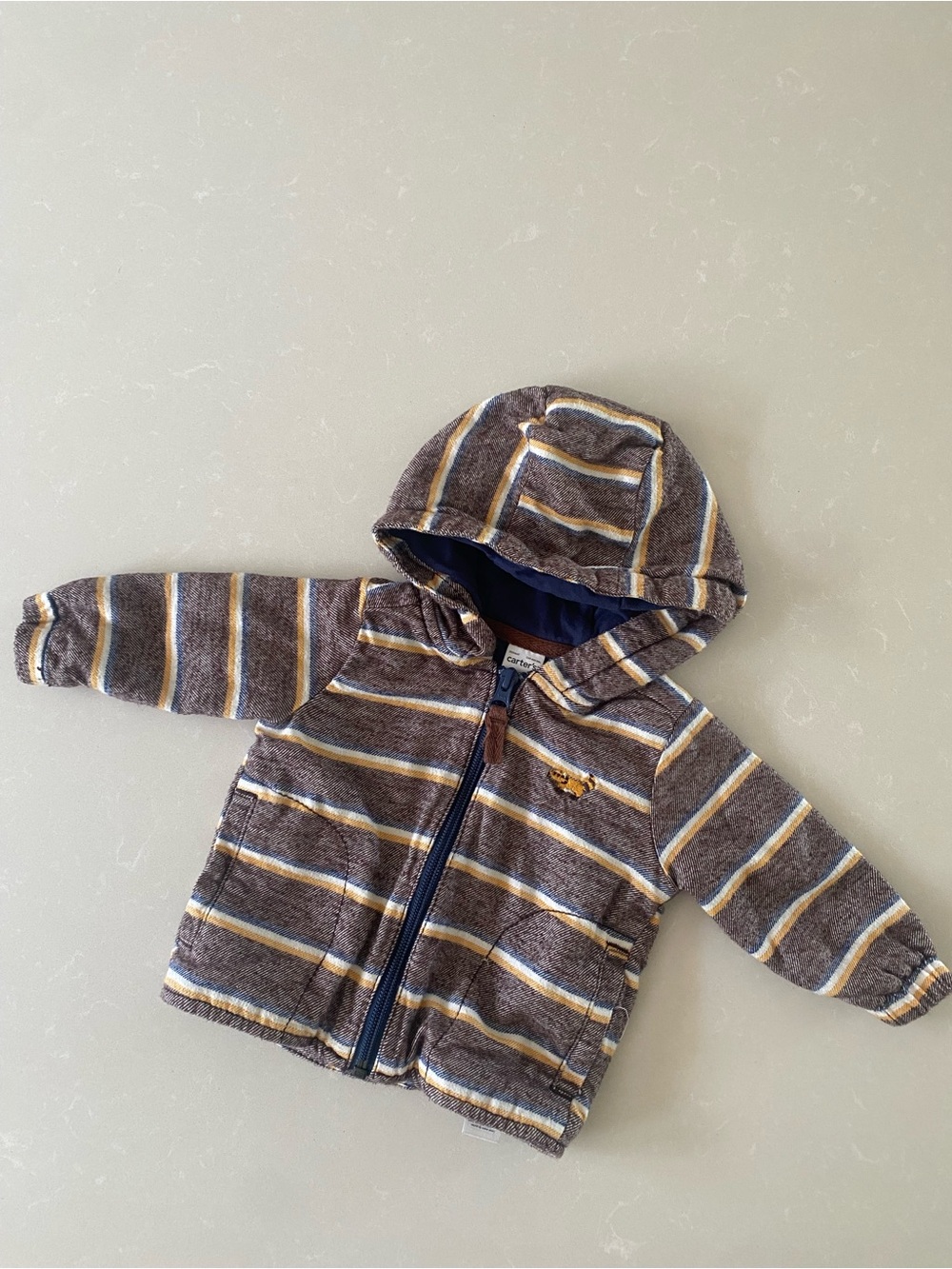 Striped Hooded Baby Jacket - Brown, Navy & Cream